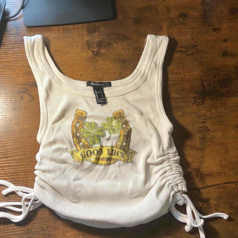 White Tank Top with Good Luck Design